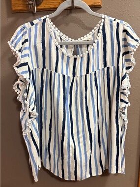 ANDREE BY UNIT Blue & White Striped Ruffle Sleeve Blouse